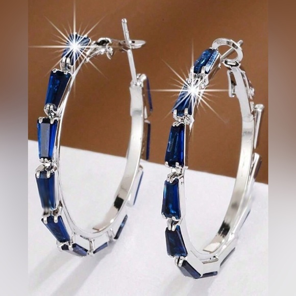 Blue Stone Hoop Earrings | Silver Tone | Copper Alloy | Elegant Statement Hoops